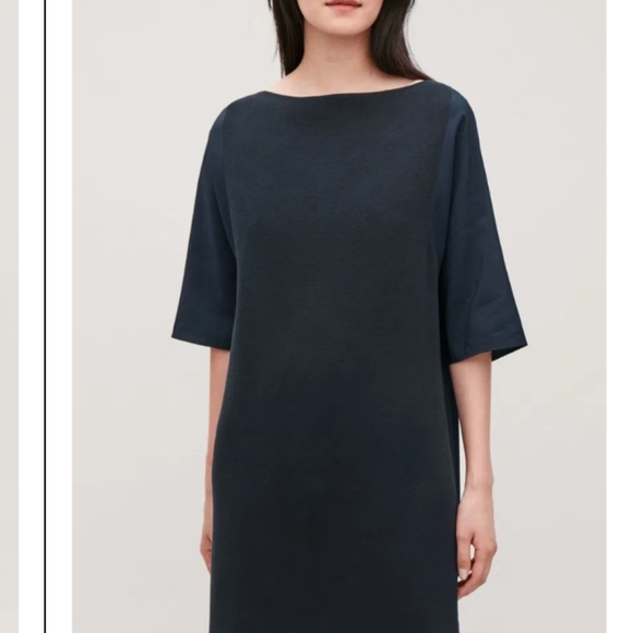 COS Woven-Knit Mix Dress small navy blue - Picture 3 of 12